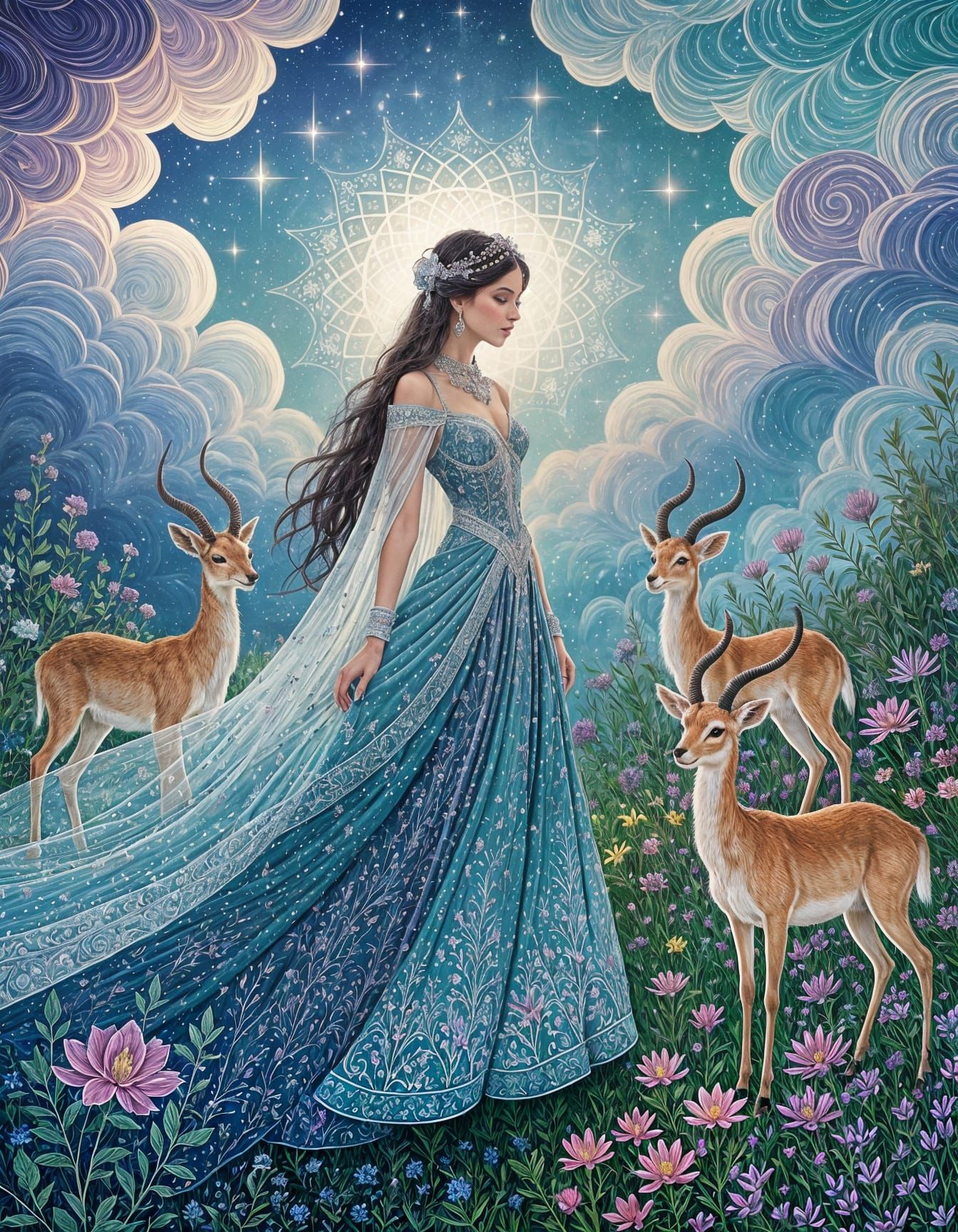 Inspired by Persian miniatures of romantic maidens and gazelles in the forest, this cosmic garden is a backdrop of vibrant iridescent blues ...