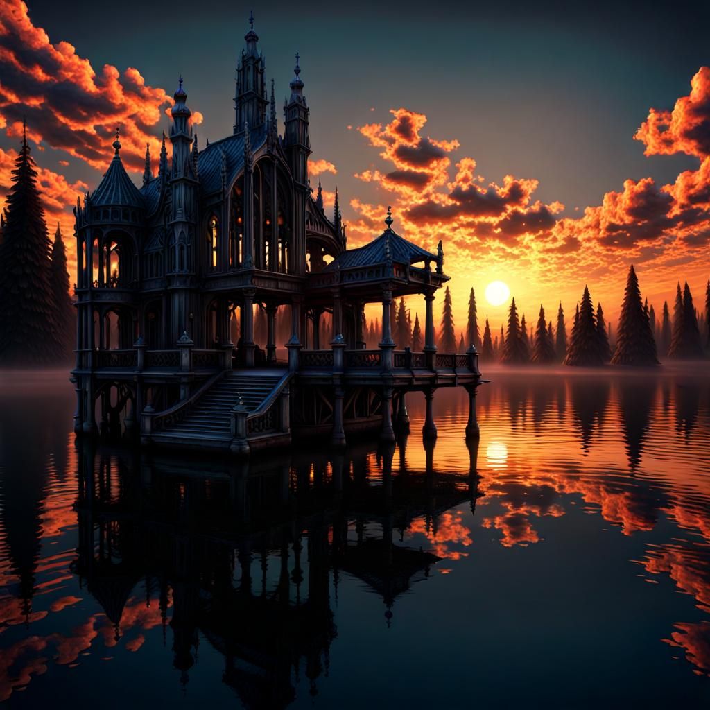 Gothic Sunset Lake in Giger Style