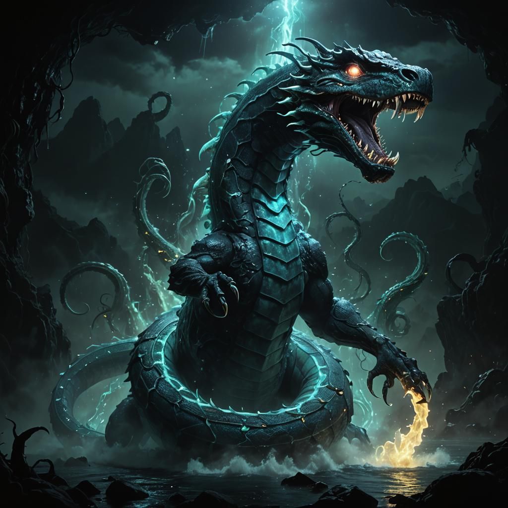 Giant bioluminescent serpent kaiju intricate details, HDR, b...