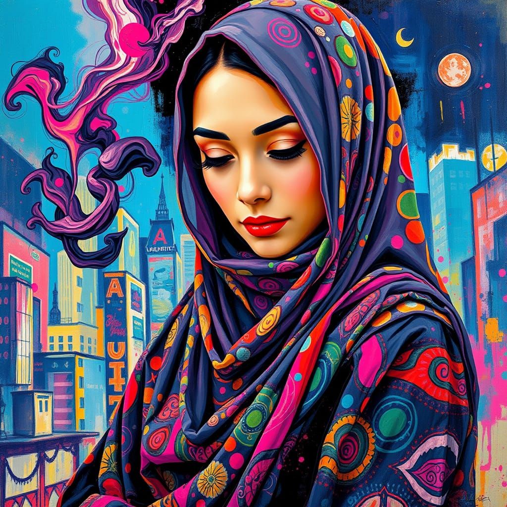 Dreamlike Portrait of a Hijabi Woman in Vibrant Cityscape