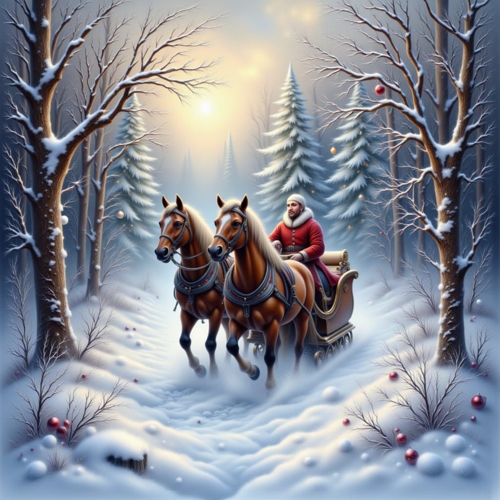 <lora:Christmas Glow 1-02:1.0> Sleigh pulled by horses dashing through snowy woods
