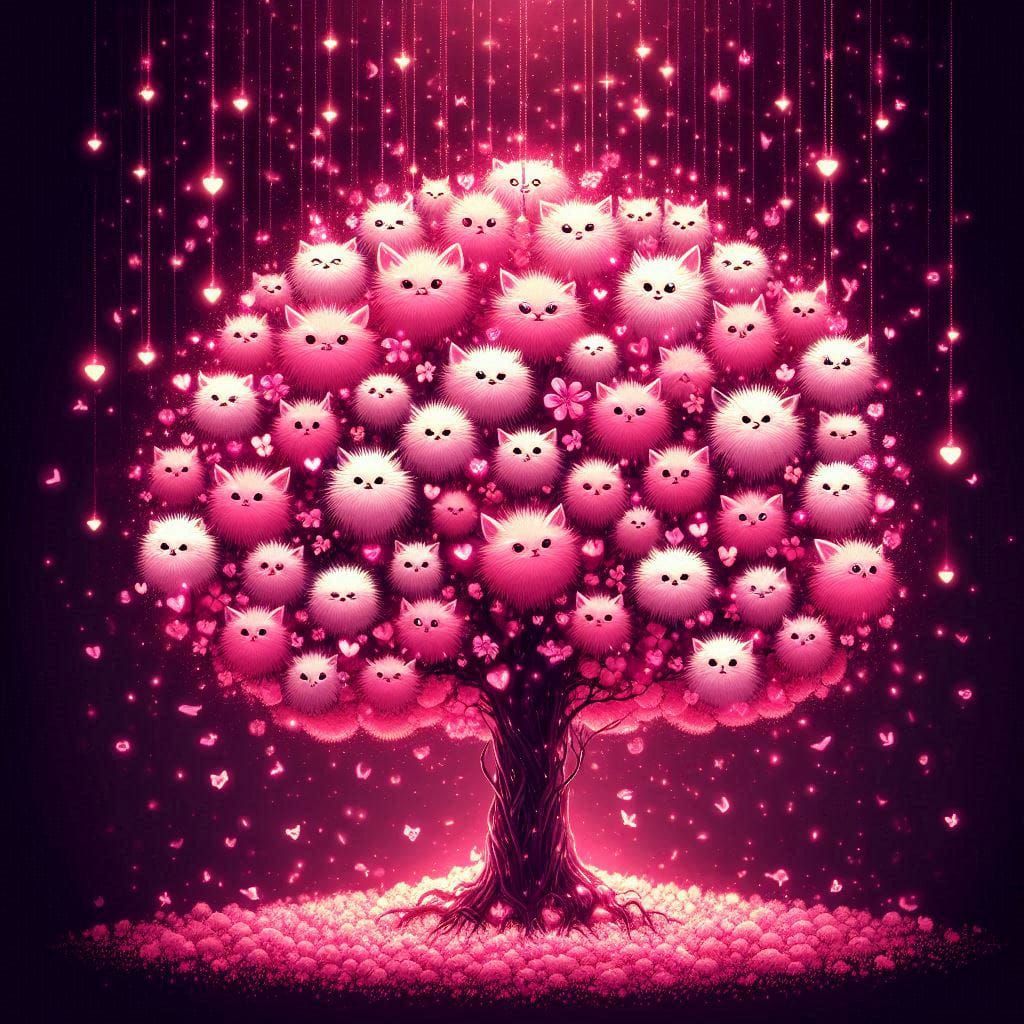 Pink tree full of pink cats