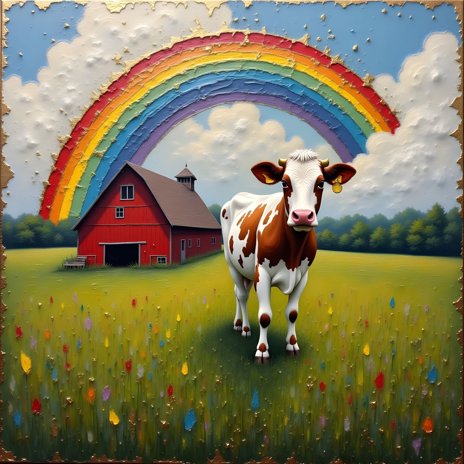 impasto painting of a cow, in a farm, rainbow, cloudy sky, barn, gold detail, <lora:Matte and Shimmer:1.0>
