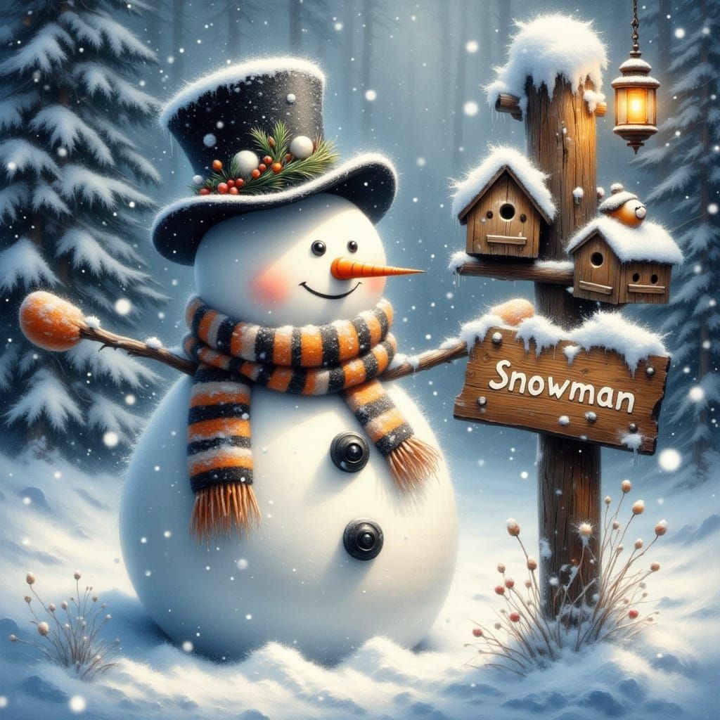 Joyful Snowman in Snowy Landscape with Birdhouses