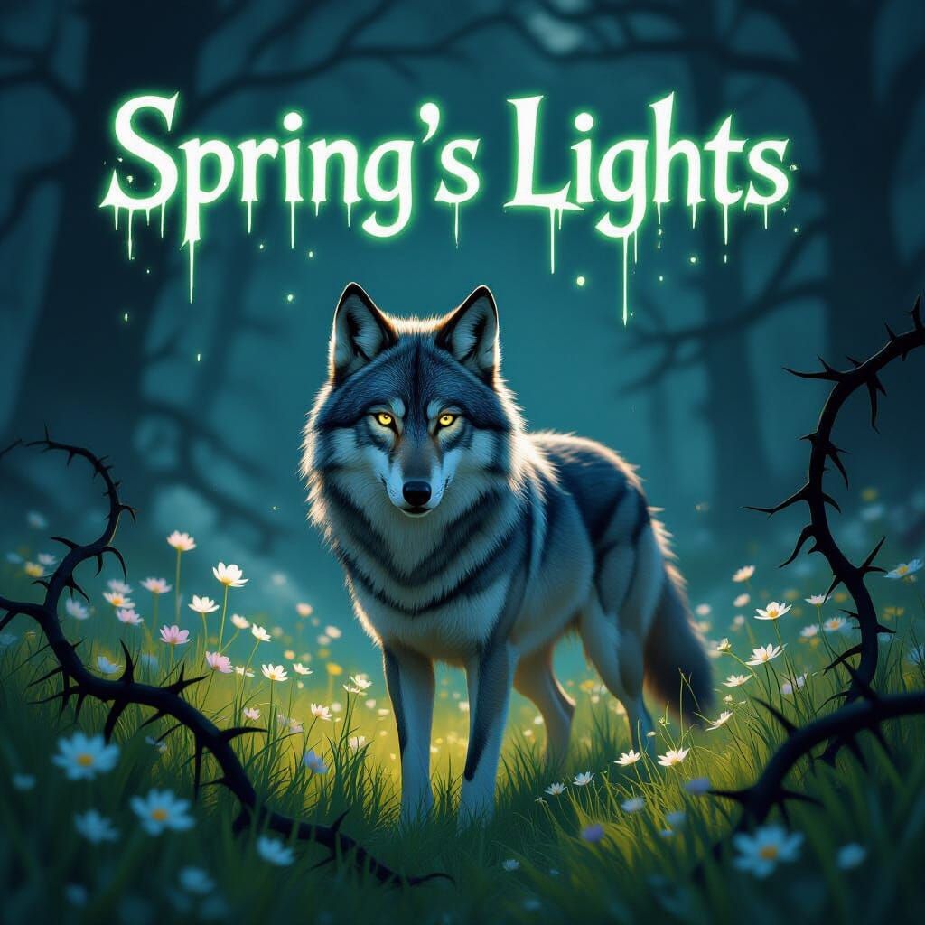 A sleek wolf with one aqua eye and one amber eye, standing in a glowing spring meadow. Soft flowers and mist surround it, but dark thorned v...