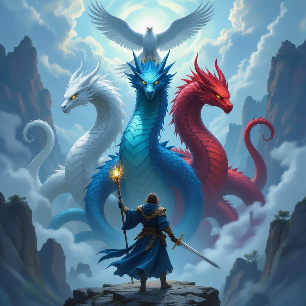 A massive three-headed hydra with a white head on the left, a blue head in the center, and a red head on the right angrily faces a wizard in...