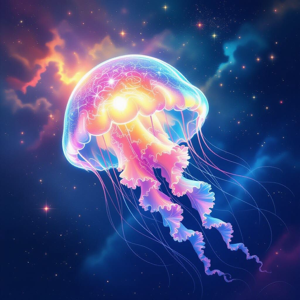 Cosmic Jellyfish Drifting Through Nebula