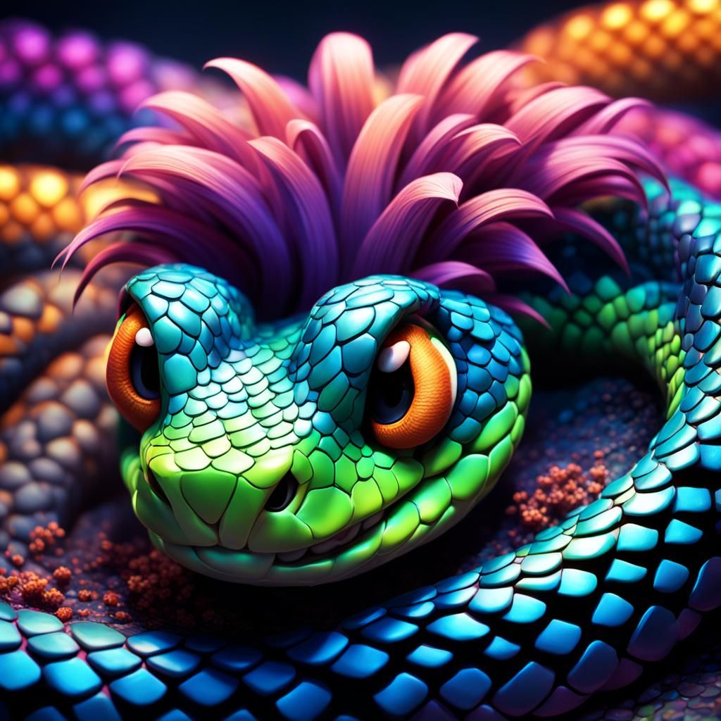 Hair, Hairy, Fur, Furry, Fluffy, Poofy, Floofy, Fuzzy, Adorable Baby Snake, Pixar, Disney, concept art, 3d digital art, Maya 3D, ZBrush Cent...