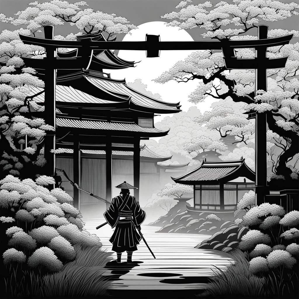 Monochromatic Line Art, samurai, Japanese autumn leaves, strife