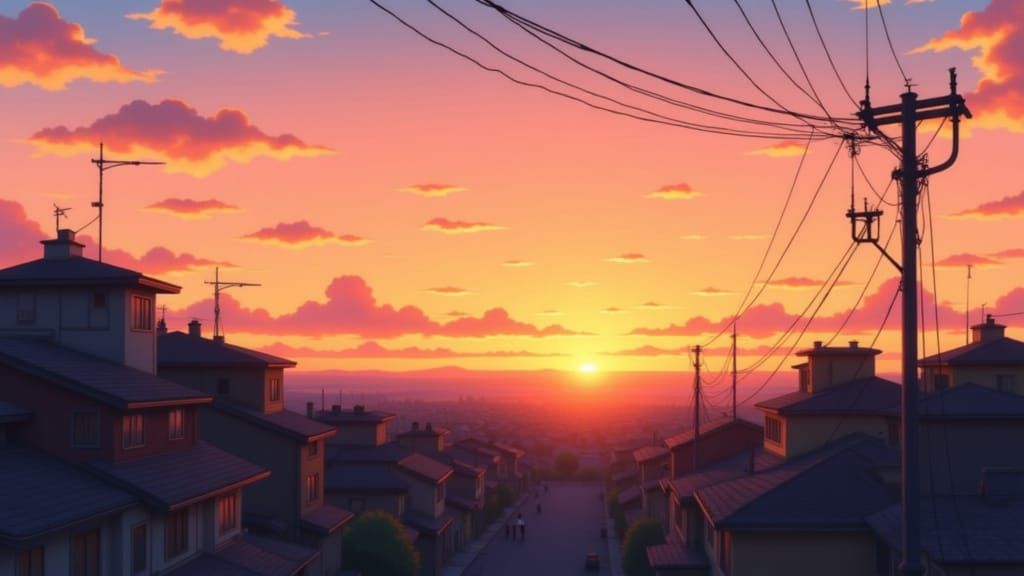 sunset sky, rooftops and antennas, warm rim light, golden tones, quiet neighborhood, stylized anime painting, lofi slice-of-life ambiance <l...
