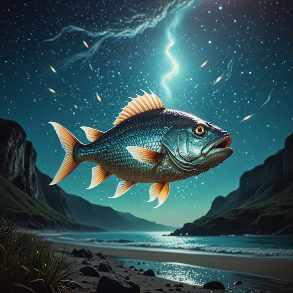 Epic Surreal Fantasy Scene with Shining Fish Stars
