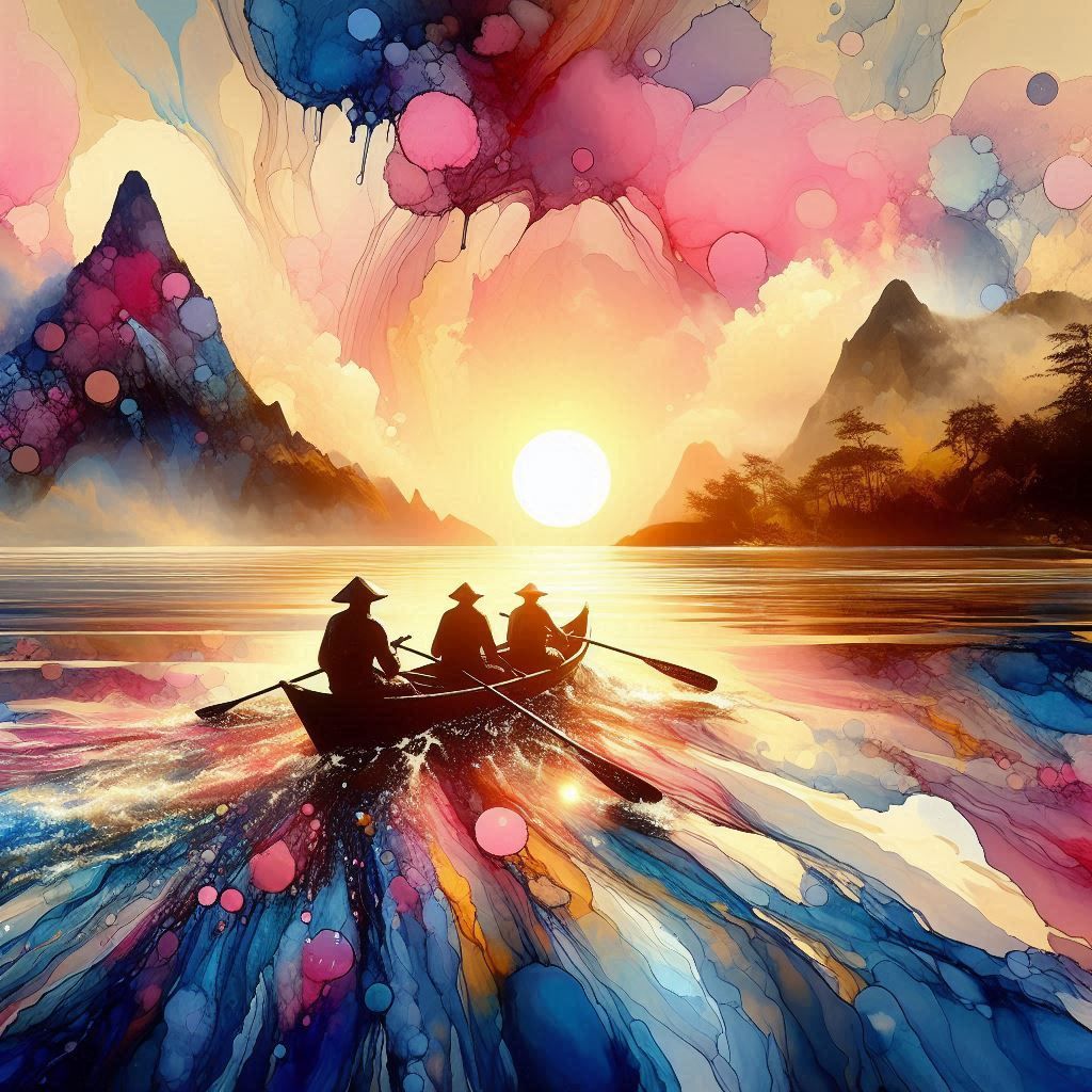 Kanak fishermen at rising sun