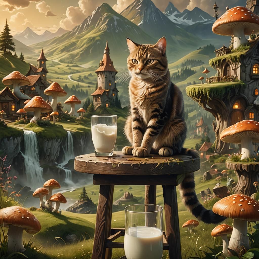 Mischievous Cat Guarding Milk in Fantasy Landscape