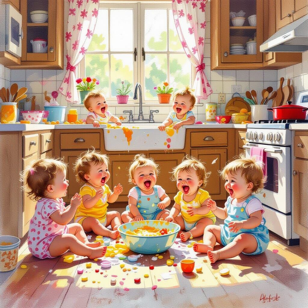Joyful Babies Create Kitchen Chaos in Storybook Style