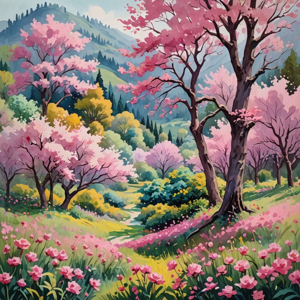 Pink Flowers with Cherry Blossoms  by @Poly