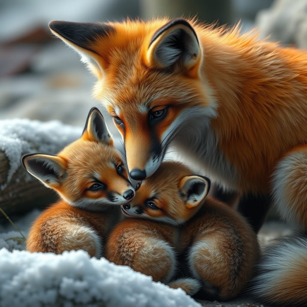 hyperrealistic, beautiful fox, taking care of her cubs, cute, sweet, intricate details, detailed setting,