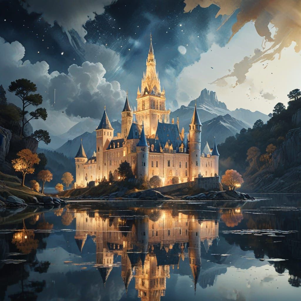 Majestic Glass Castle Shimmers in Moonlight