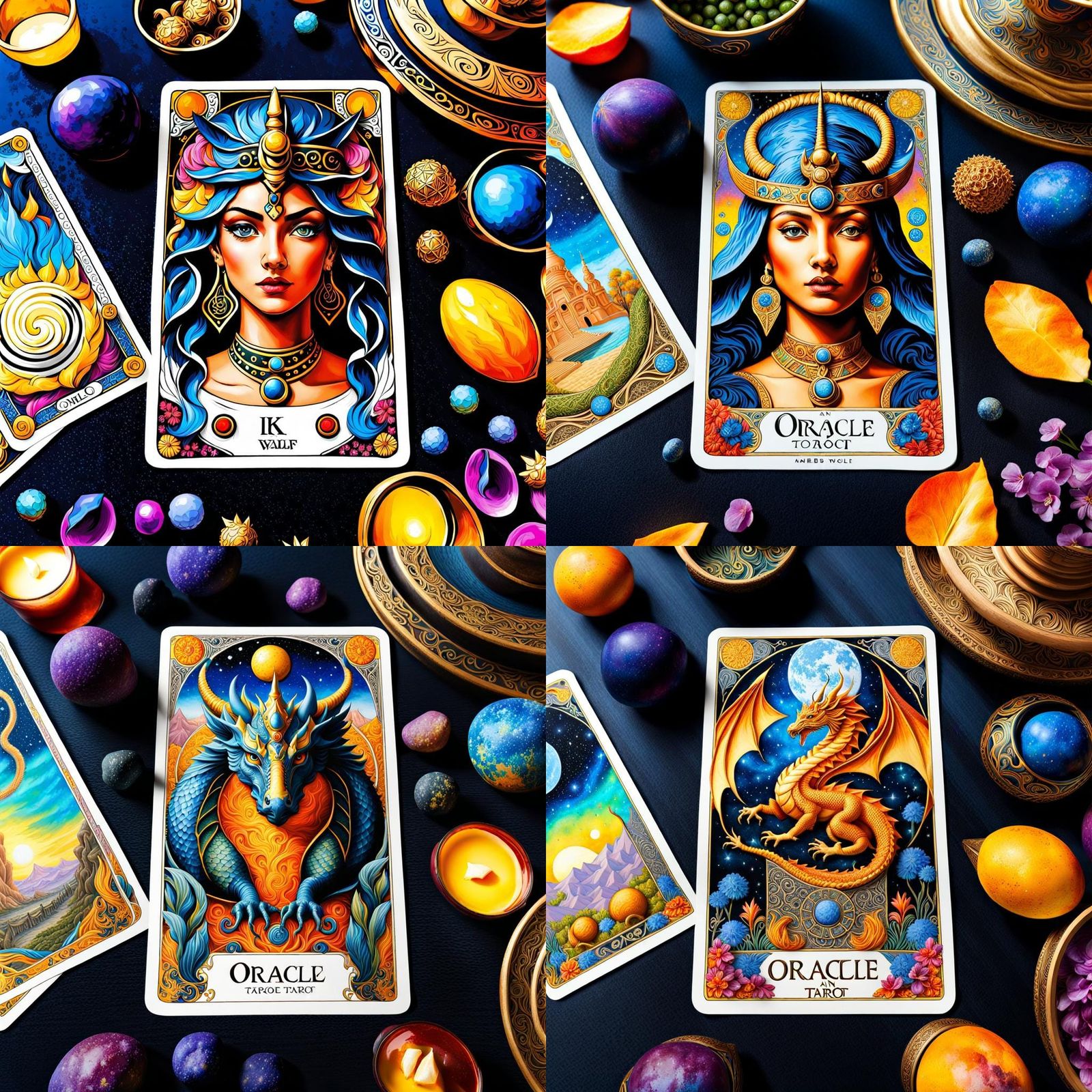 (Dragon) on an oracle Tarot cards and She Wolfe tarot card featuring