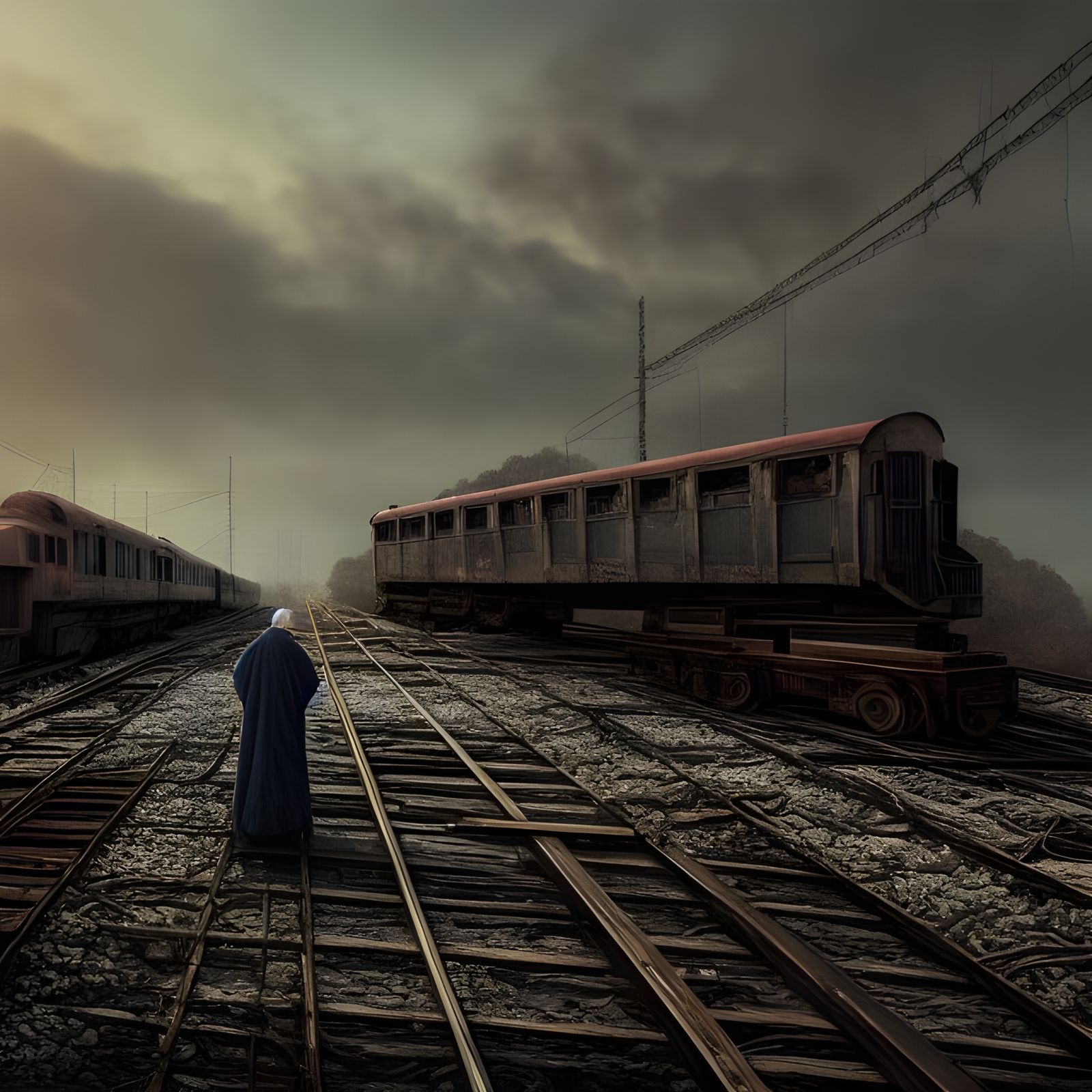 "Abandoned train yard with am ultra detailed Old man in a cl...