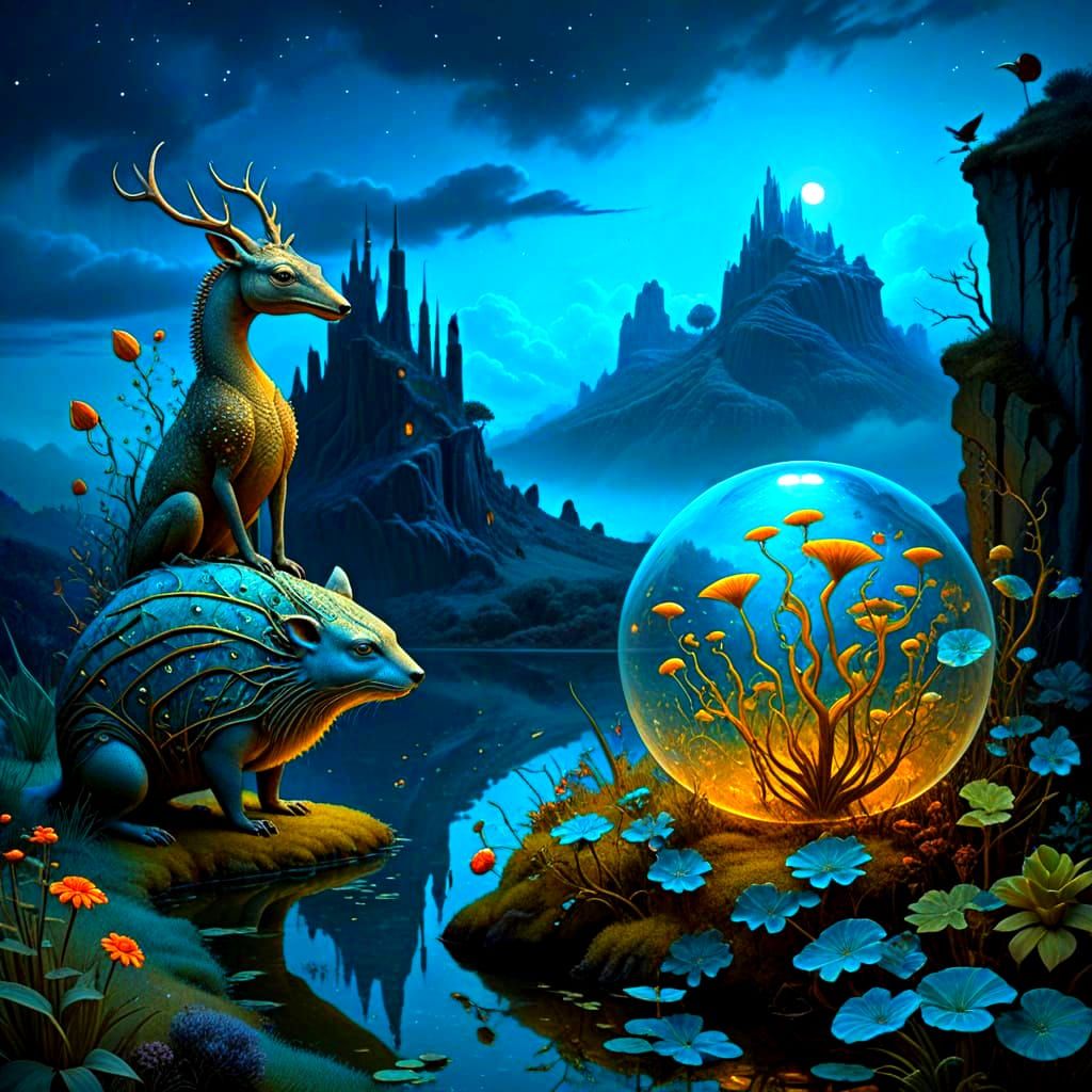 Surreal Landscape with Bizarre Animals, Fantastic Compositio...