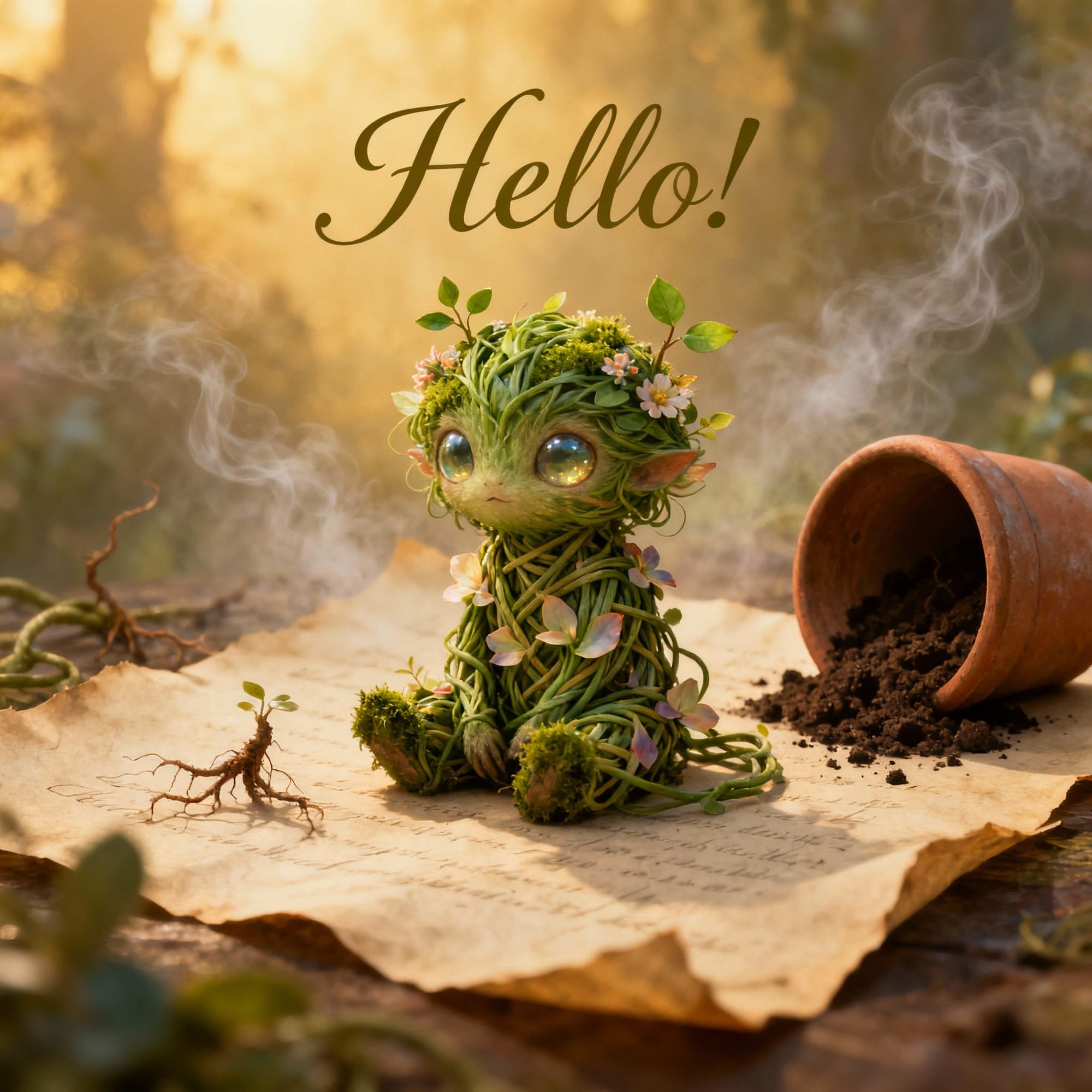 A tiny magical creature made entirely of green plants, moss, and delicate flowers, with large glistening eyes, sitting on aged parchment. It...