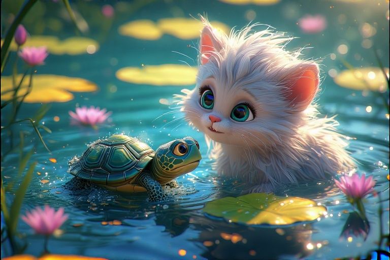 Kitten is Trying to Cheer Up his Sad Turtle Friend