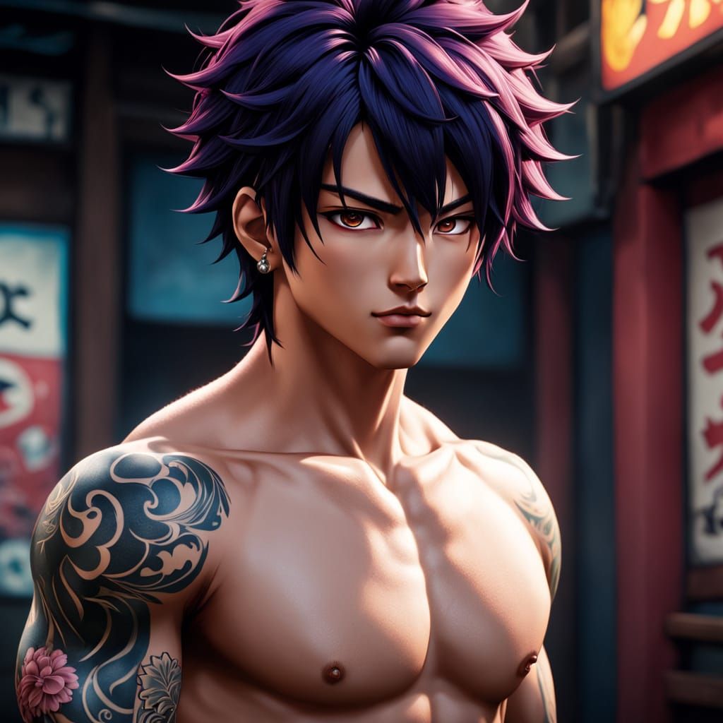 Handsome Anime Hero with Vibrant Colors and Dynamic Muscles
