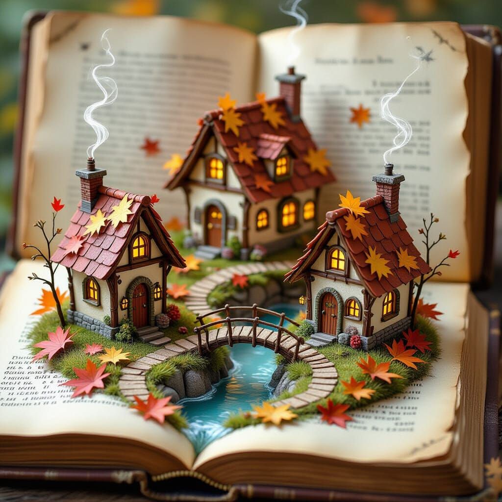 Tiny Autumn Village on Book Pages in Fantasy Style