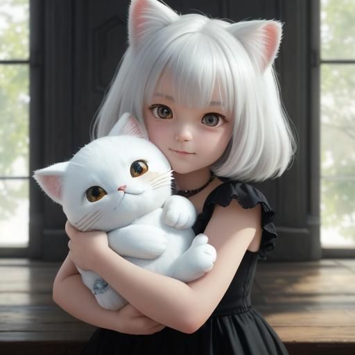 White plush toy cat being hugged by a girl (Dream Shaper V8)