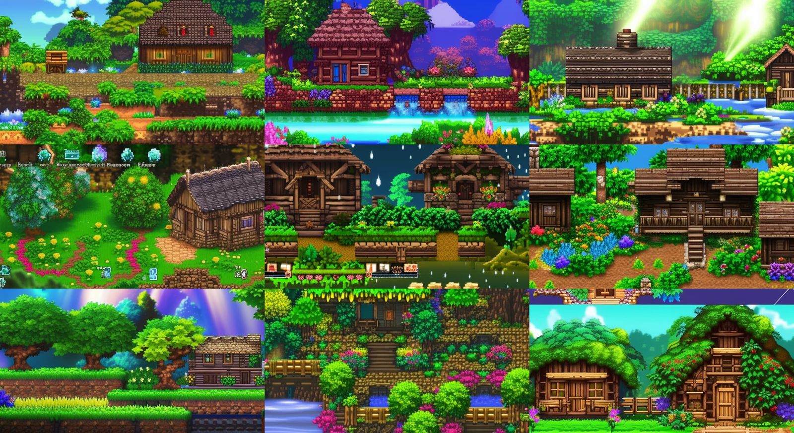 Fancy cottage near a bubbling brook. Style of Secret of Mana...