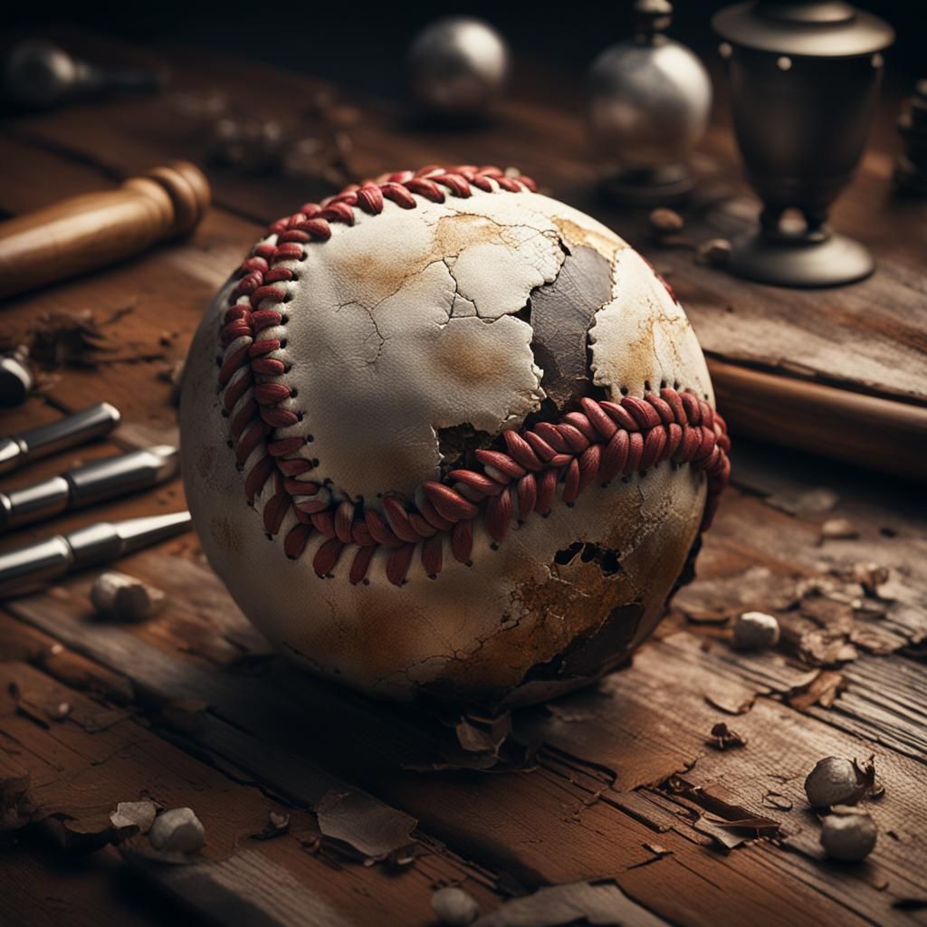 closeup of a broken baseball laying on an antique wooden des...