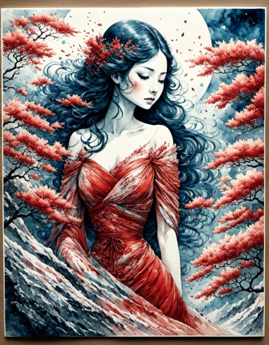 Lady in Red Cyanotype Portrait "Ethereal Cyanotype Landscapes" (SDXL 1.0) <GoblinFantasy V1> <A1> [Creative Upscaler]