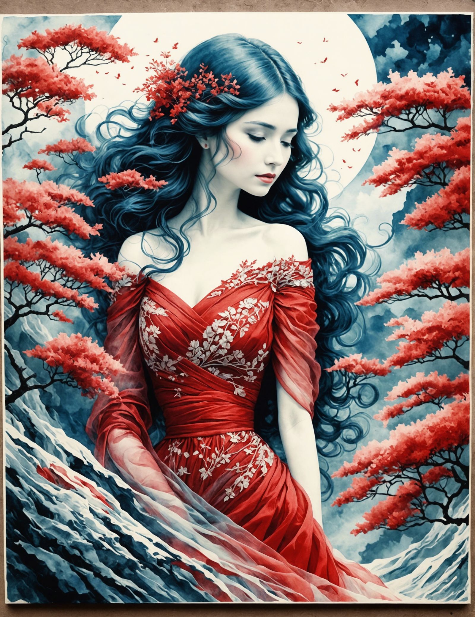 Lady in Red Cyanotype Portrait "Ethereal Cyanotype Landscapes" (SDXL 1.0) <GoblinFantasy V1> <A1> [Creative ...  by @BlakeRaven