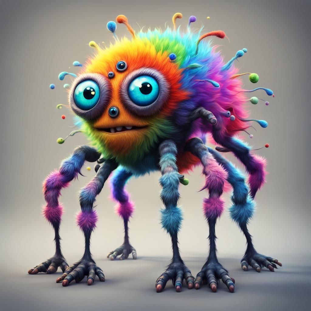 Googly-eyed  monster with multicolored fur seven legs and 20...