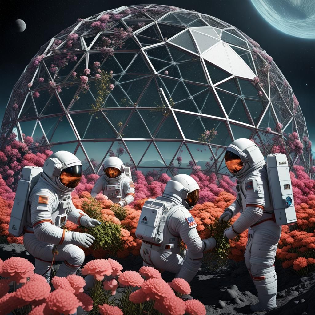 Lunar Gardeners in Geodesic Dome: Fantasy Concept Art