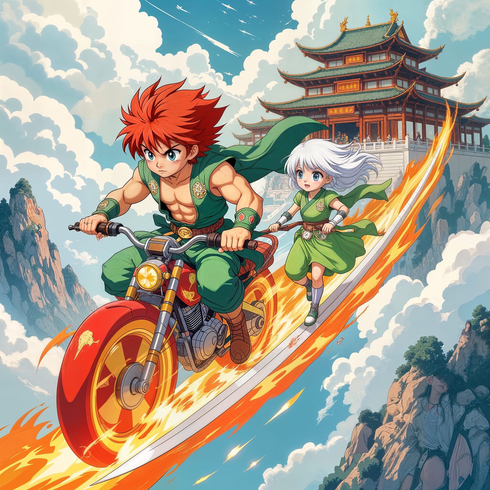 Anime Duo Ascends to Heavenly Palace on Wheels and Sword