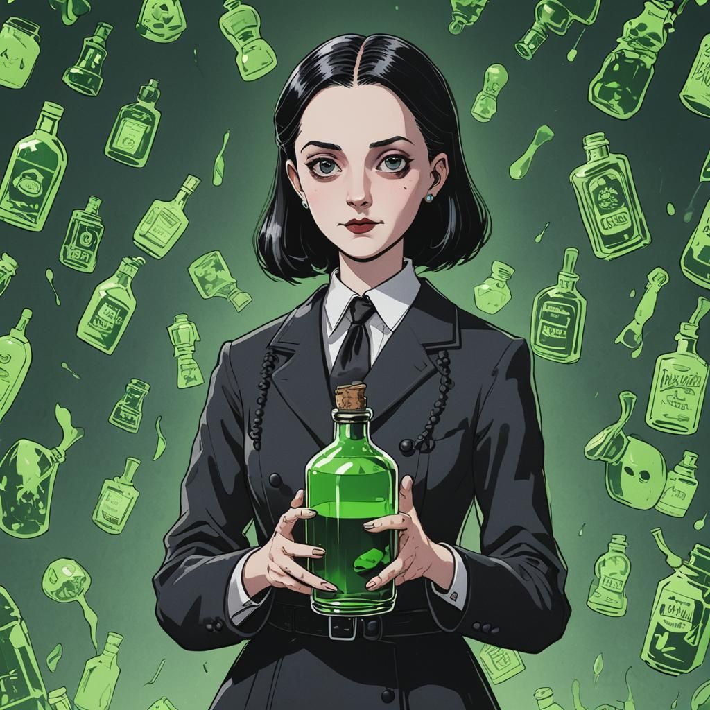 Wednesday from family addams holding a green poison bottle - AI ...