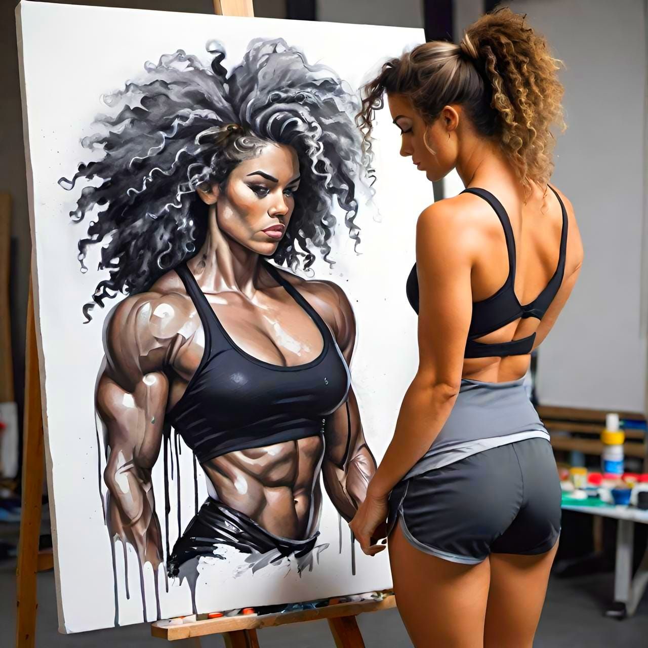 A muscular fitness woman is painting her own portrait
