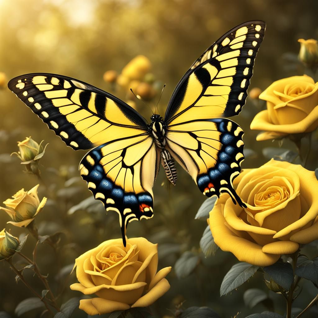 Yellow swallowtail butterfly on yellow rose  by @Morning Dawn