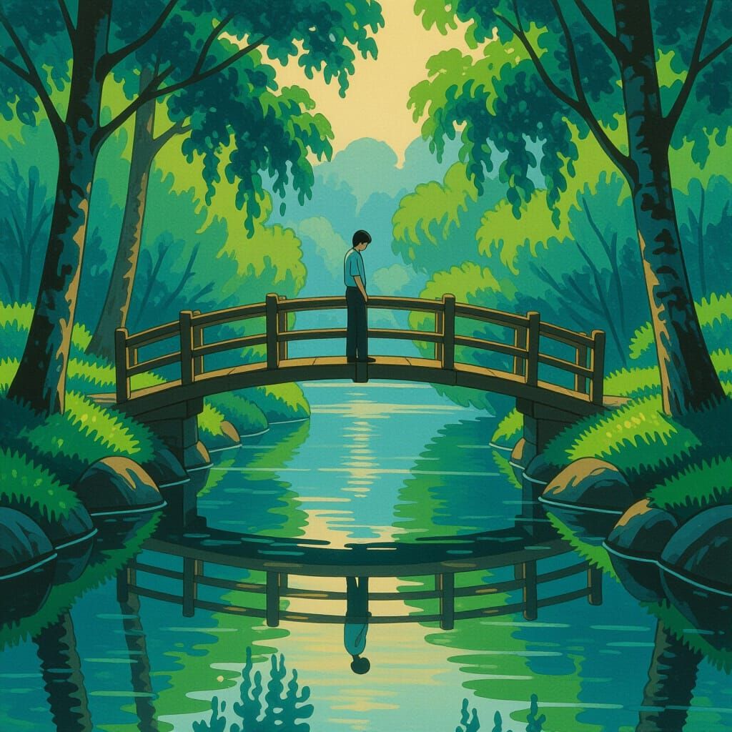 Man Reflecting on Narrow Bridge in Impressionist Style