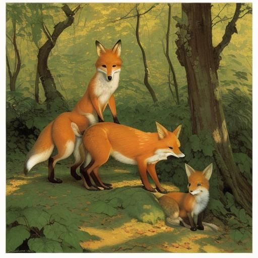 Foxes in a fantastic,colorful forest, Norman Rockwell