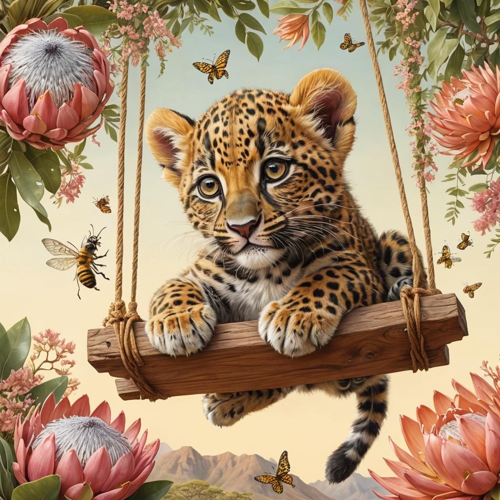 hyperrealistic whimsical image: a cute baby leopard with big...