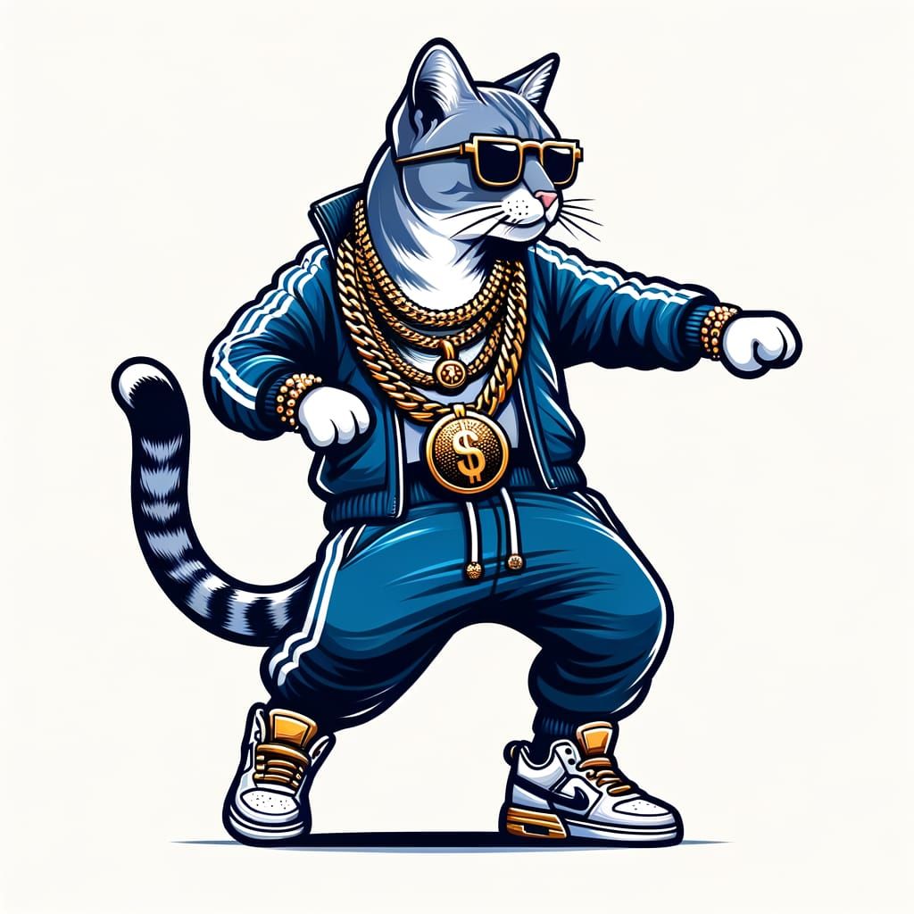 A cat dancing hip hop, he wears a jogging suit, big gold cha...