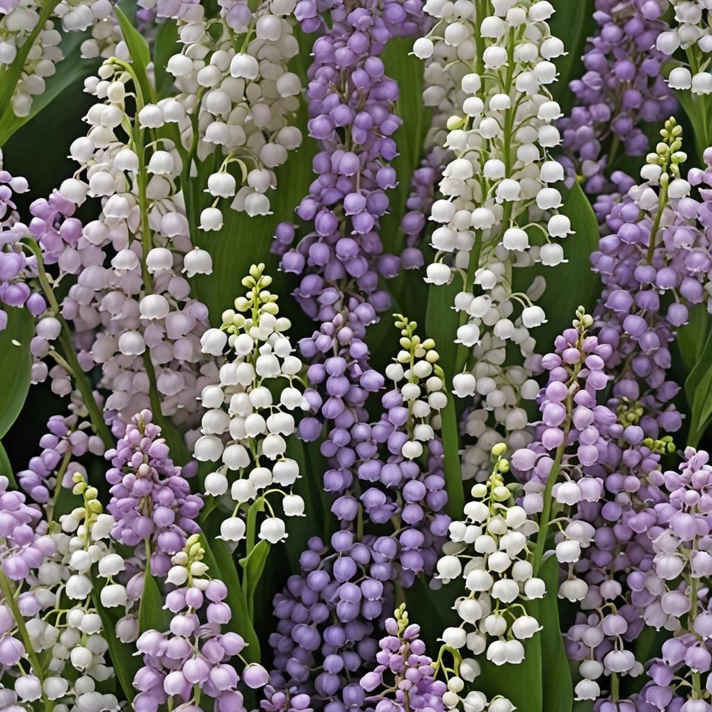 flowers in bloom, lilac, lily-of-the-valley, intricately det...