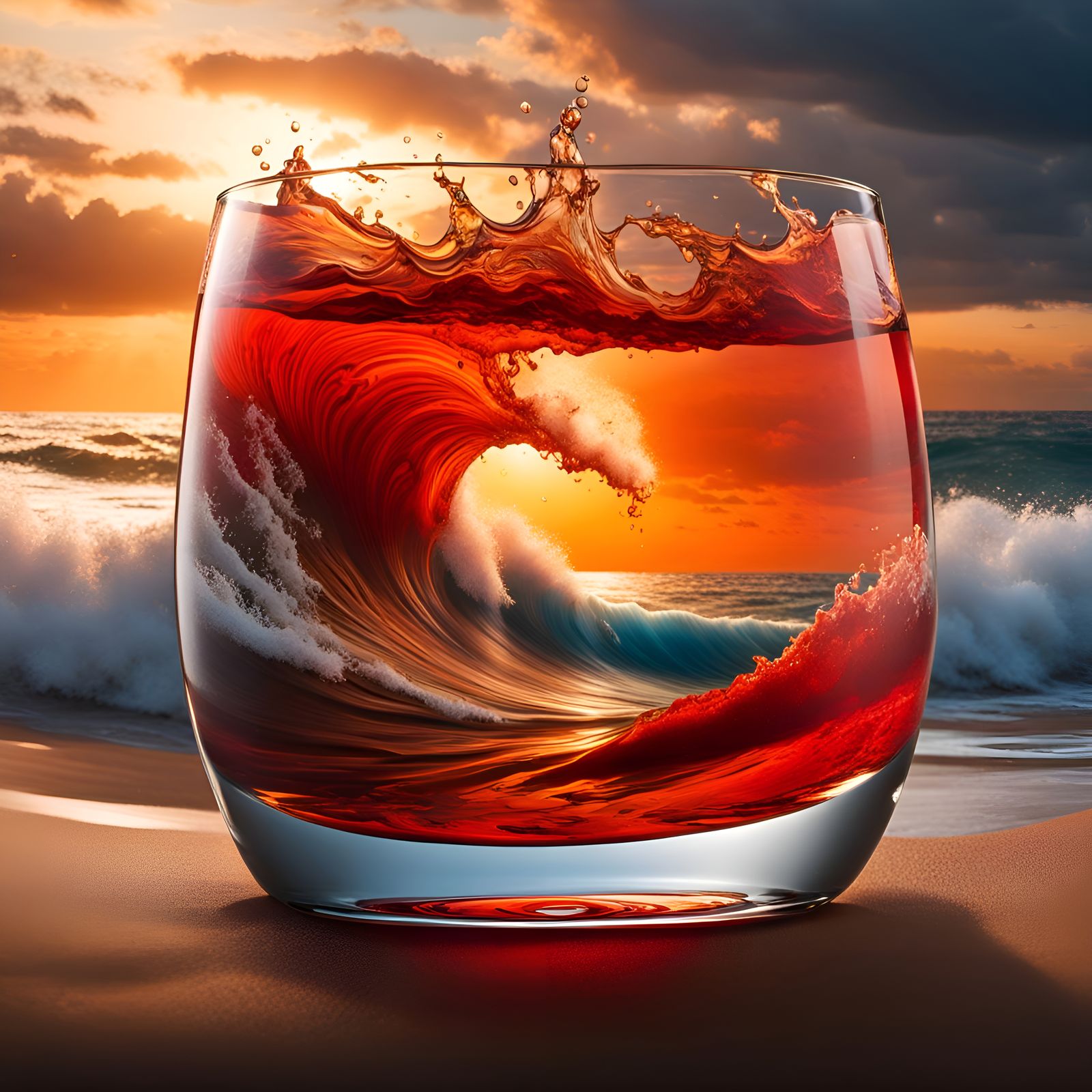 "sea with waves and a storm inside a glass Hyperrealistic, splash art, concept art, mid shot, intricately detailed, color depth, dramatic, 2...