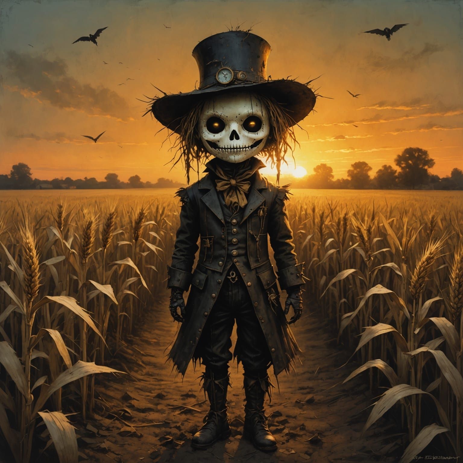 steampunk chibi scarecrow, cornfield, sunset, gritty intaglio synthwave, Mark Demsteader, Ray Caesar  by @Papy Ion