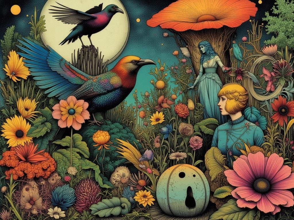 garden full of  surreal creatures and flowers ...