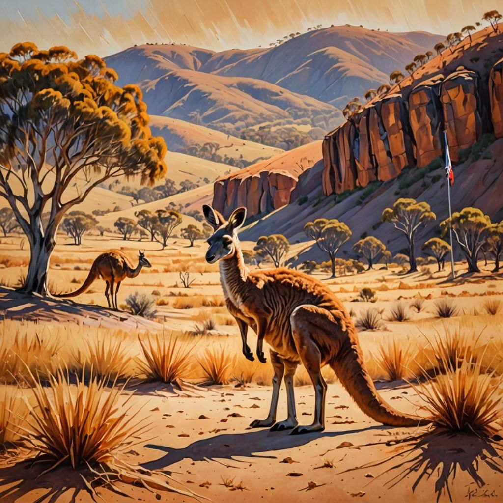 Kangaroo and Ostrich in Australian Impressionism Style