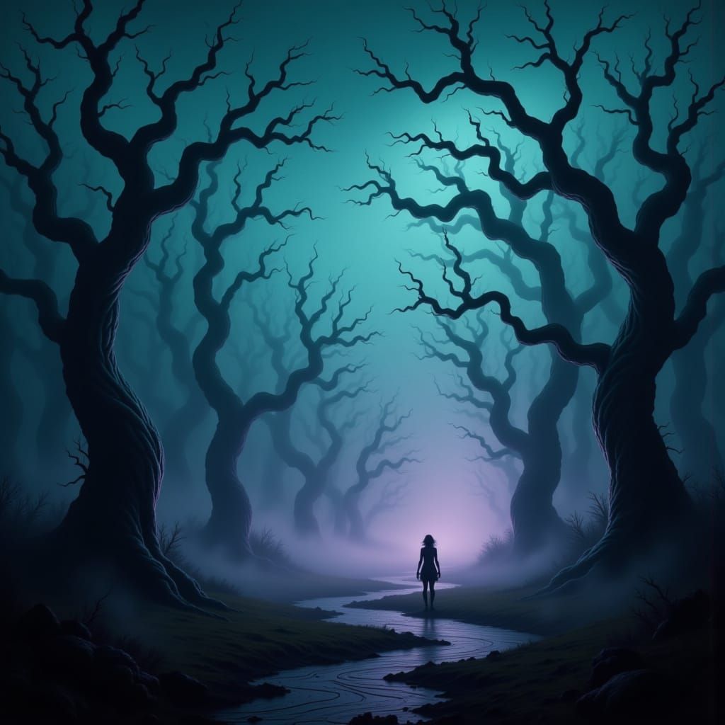 dancing wispy creatures in eerie twilight, knotty trees, shrouded in mist, pareidolia, a sense of foreboding, teal, purple and yellow <lora:...