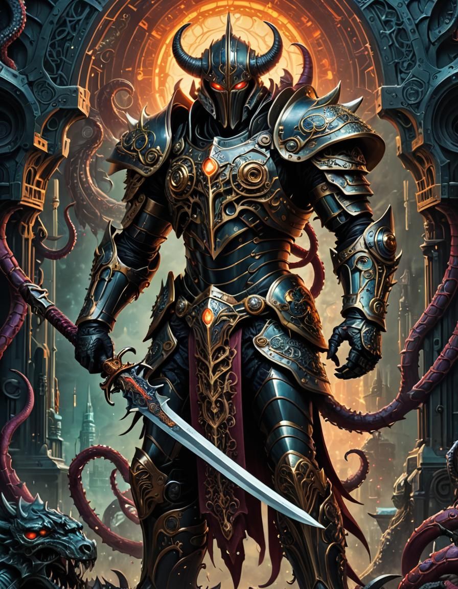 Titan tentacle demon knight with sword, STYLE: retrofuturism - AI ...